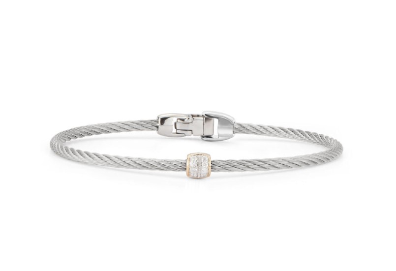 18Kt Yellow Gold Grey Nautical Cable Barrel Station Bracelet With (8) Round Diamonds Weighing 0.07cttw