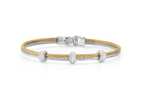 18Kt White Gold Yellow And Grey Nautical Cable Three Station Bracelet With (15) Round Diamonds Weighing 0.13cttw