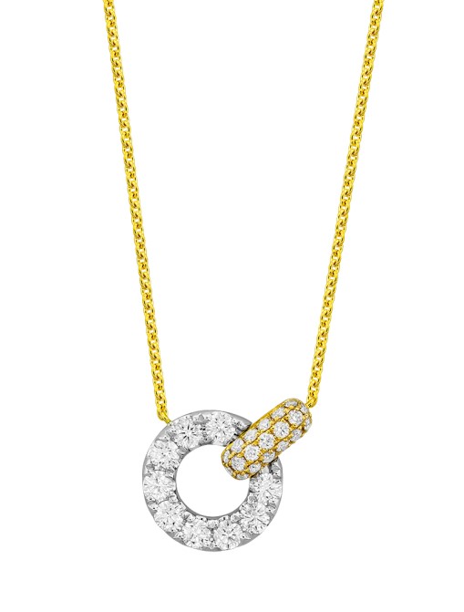 18Kt Two Toned Circle And Bar Station Necklace With (28) Round Diamonds Weighing 0.70cttw