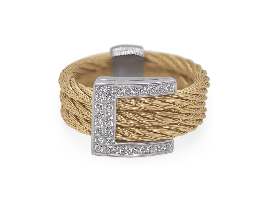 18Kt White Gold Yellow Nautical Cable Buckle Ring With (30) Round Diamonds Weighing 0.14cttw