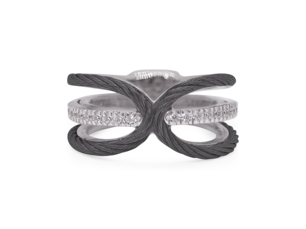 18Kt White Gold Black Nautical Cable Ring With (20) Round Diamonds Weighing 0.13cttw