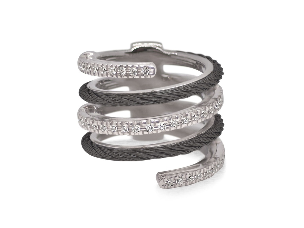 18Kt White Gold Black Nautical Cable Spiral Ring With (40) Round Diamonds Weighing 0.33cttw