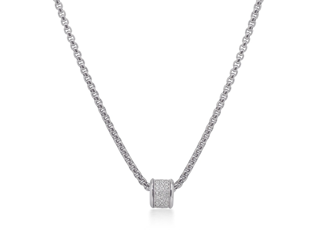 14Kt White Gold Barrel Pendant Necklace With Round Diamonds Weighing 0.33cttw