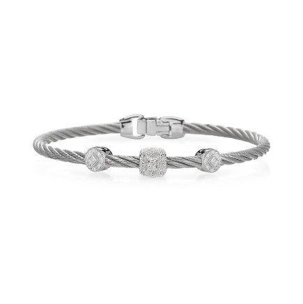 18Kt White Gold Grey Twisted Nautical Cable Two Circle And Single Square Station Bracelet With (27) Round Diamonds Weighing 0.14cttw
