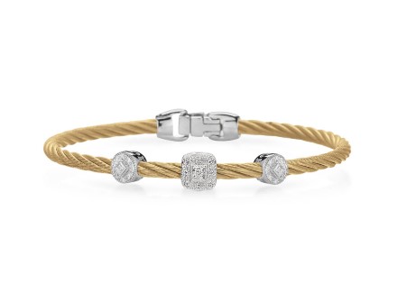 18Kt White Gold Yellow Twisted Nautical Cable Two Circle And Single Square Station Bracelet With (27) Round Diamonds Weighing 0.14cttw