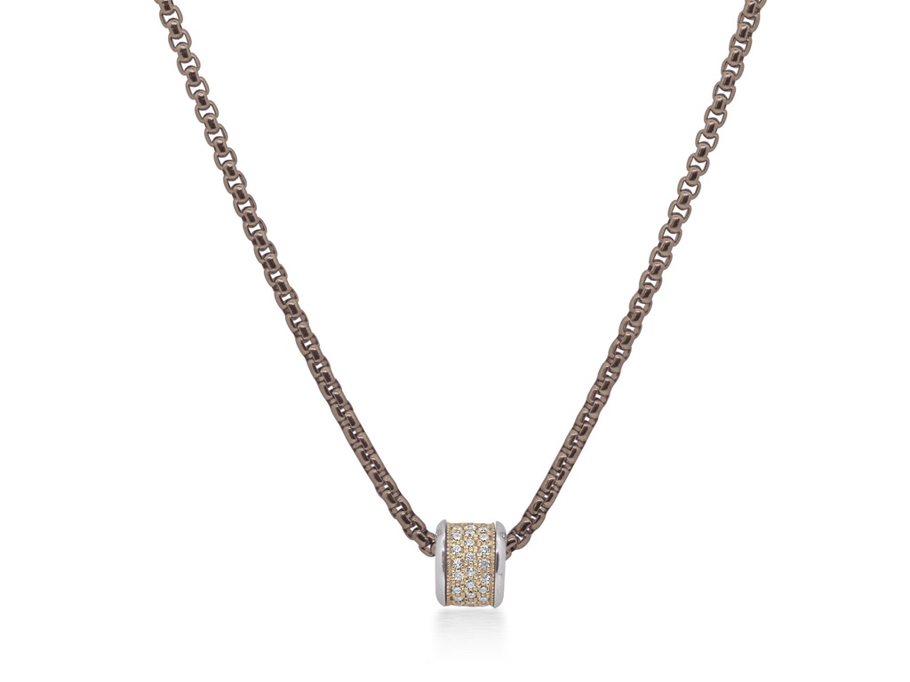 14Kt Yellow Gold Barrel Pendant Necklace With Round Diamonds Weighing 0.33cttw On A Brown Chain
