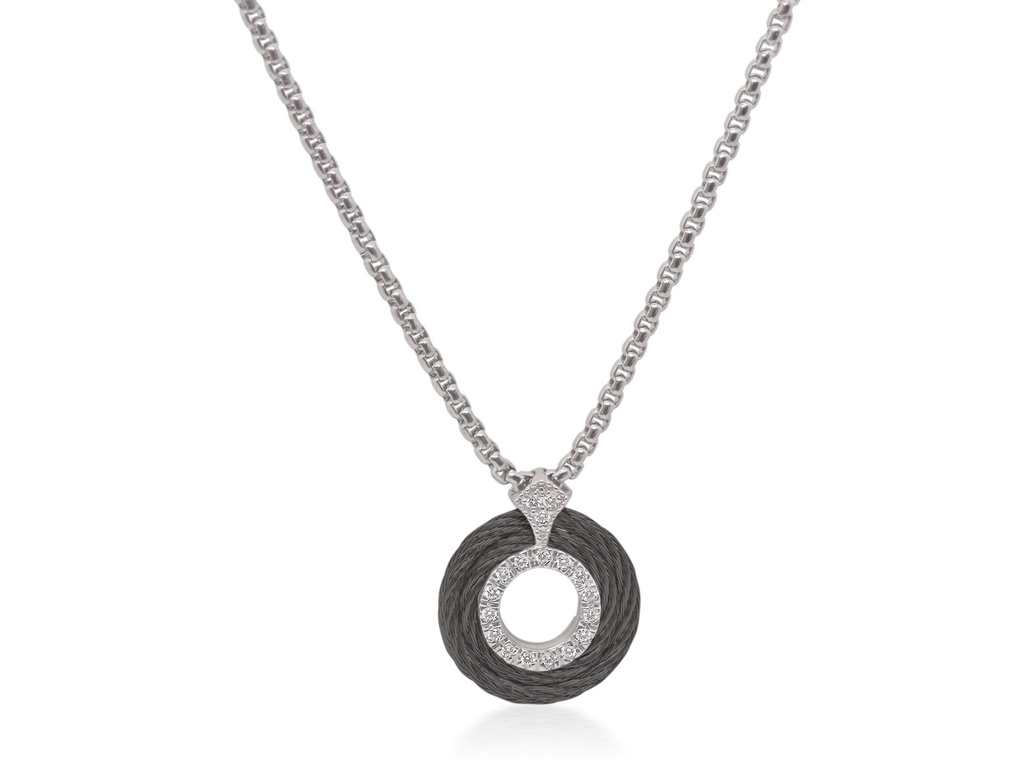 14Kt White Gold Black Nautical Cable Three Row Circle Pendant Necklace With (18) Round Diamonds Weighing 0.15cttw