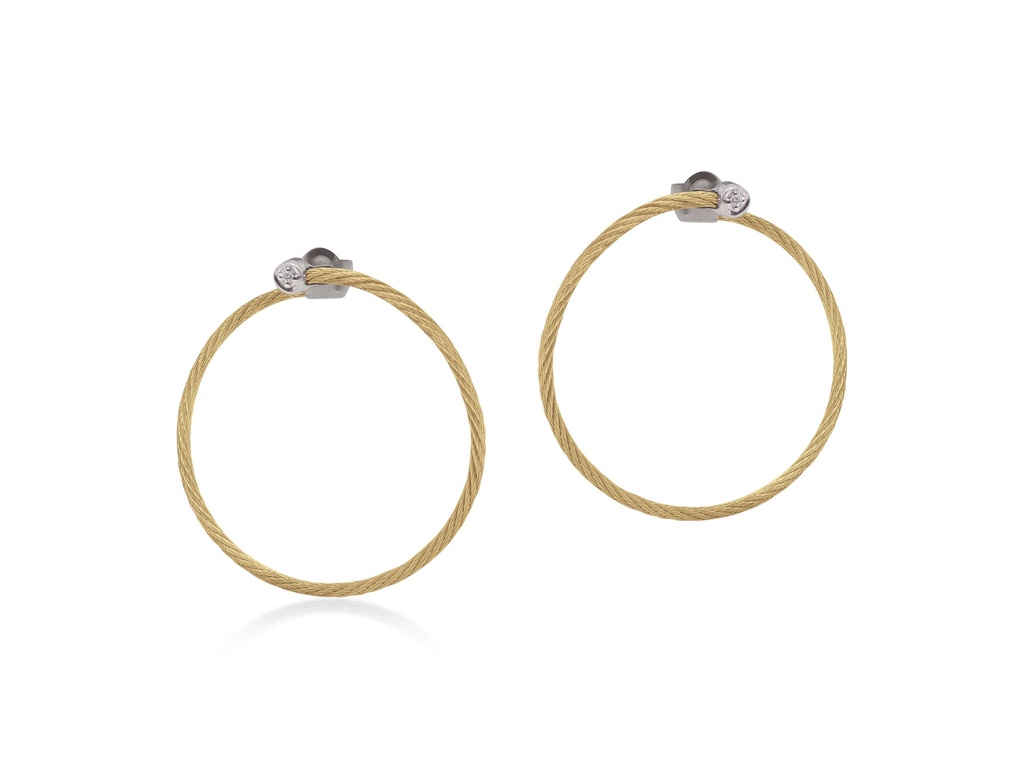 18Kt White Gold Yellow Nautical Cable Circle Earrings With (2) Round Diamonds Weighing 0.02cttw