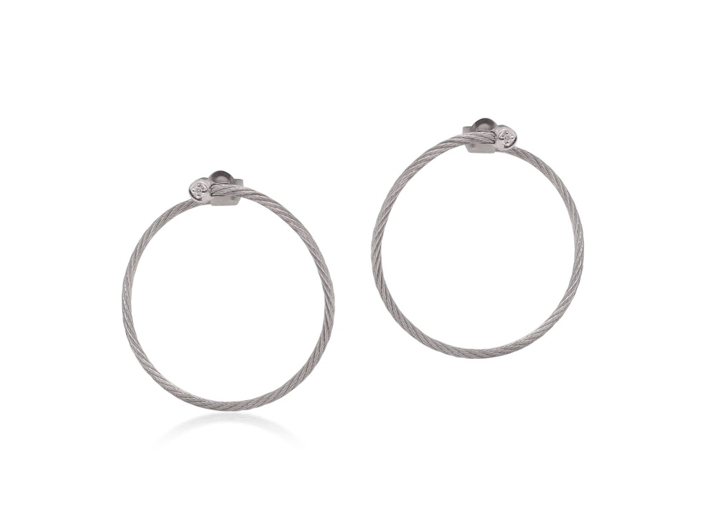 18Kt White Gold Grey Nautical Cable Circle Earrings With (2) Round Diamonds Weighing 0.02cttw