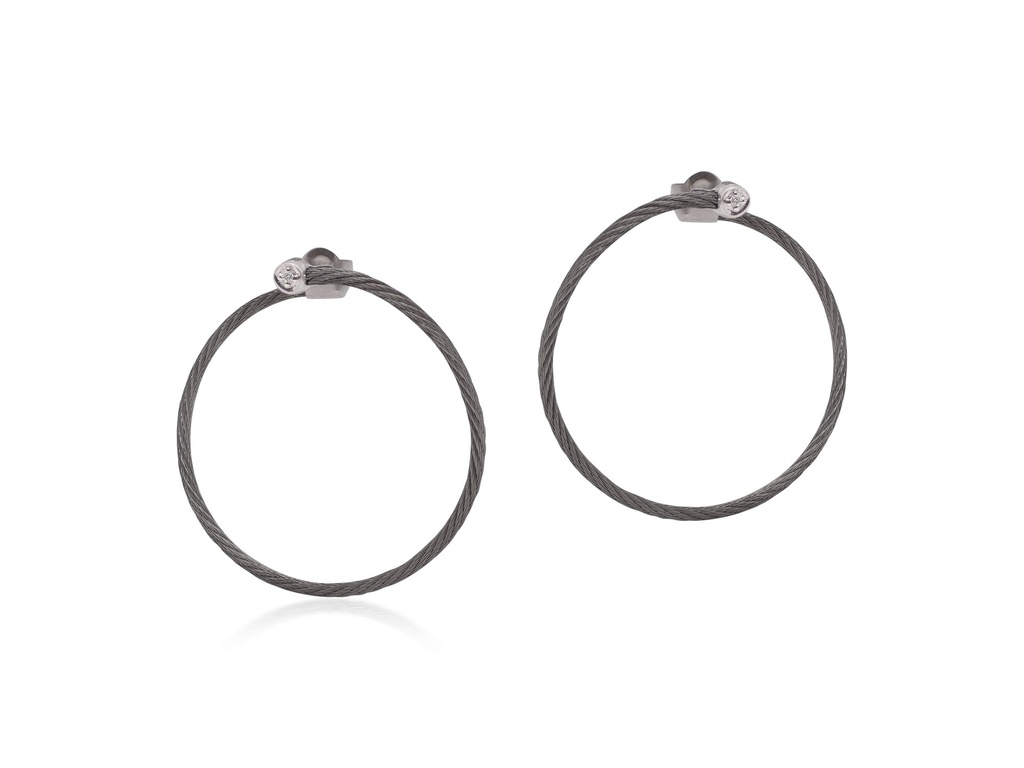 18Kt White Gold Black Nautical Cable Circle Earrings With (2) Round Diamonds Weighing 0.02cttw