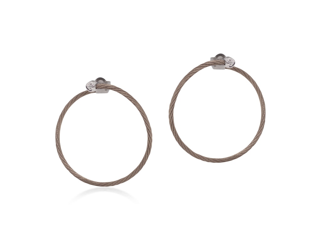 18Kt White Gold Bronze Nautical Cable Circle Earrings With (2) Round Diamonds Weighing 0.02cttw