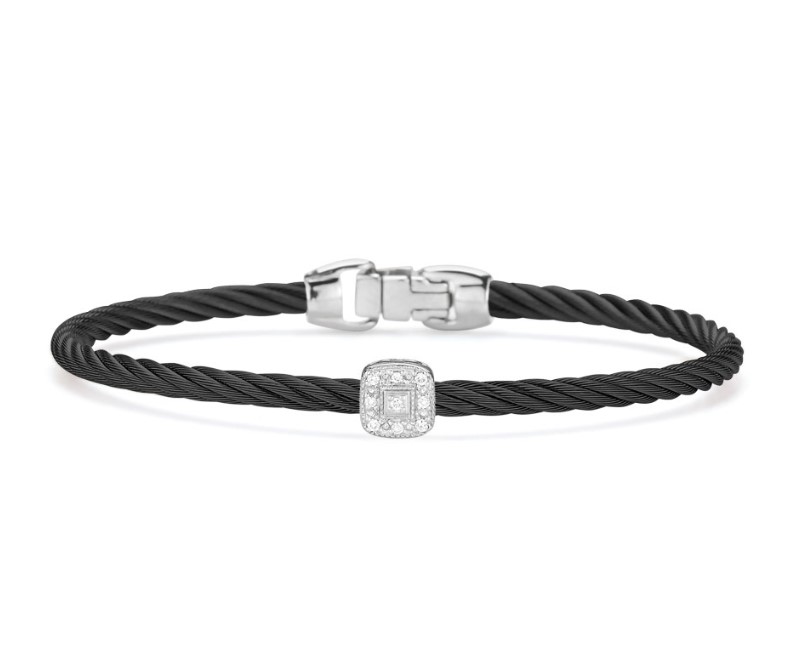 18Kt White Gold Black Twisted Nautical Cable Single Square Station Bracelet With (9) Round Diamonds Weighing 0.05cttw