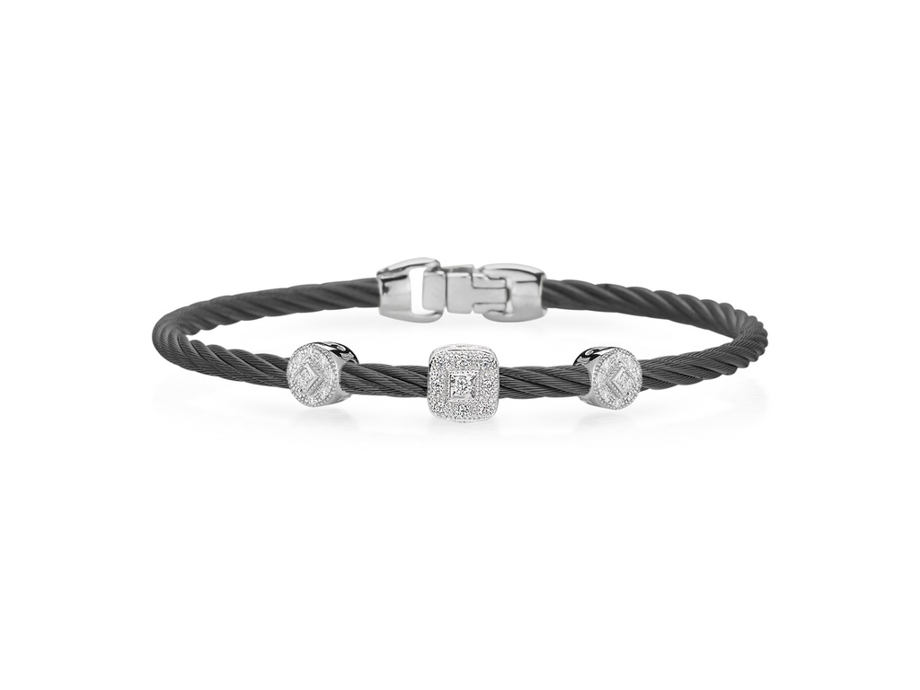 18Kt White Gold Black Twisted Nautical Cable Two Circle And Single Square Station Bracelet With (27) Round Diamonds Weighing 0.14cttw