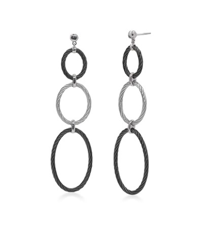 Stainless Steel Black And Grey Nautical Cable Three Oval Drop Earrings