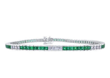 18Kt White Gold Channel Set Tennis Bracelet With (56) Carre Cut Emeralds Weighing 3.43ct And (28) Round Diamonds Weighing 1.01ct