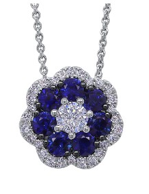 18Kt White Gold Flower Pendant Necklace With (29) Round Diamonds Weighing 0.39ct And (7) Round Sapphires Weighing 0.75ct