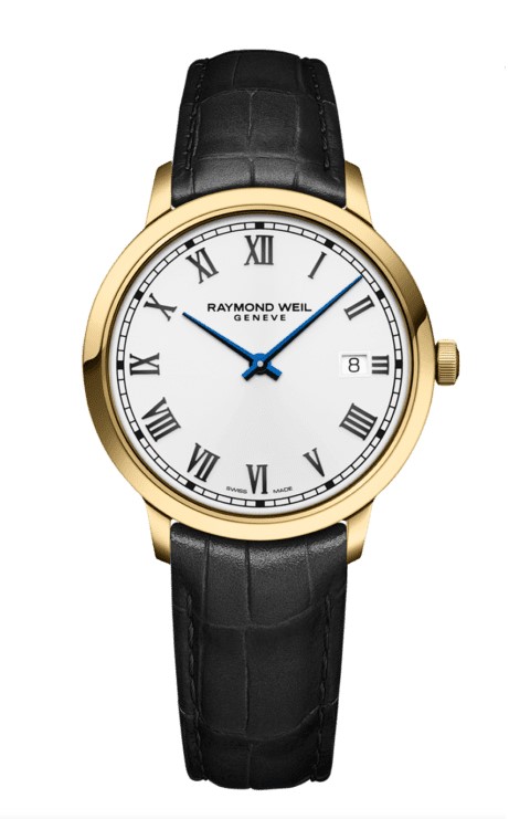 39mm Toccata Quartz Movement Watch With A Yellow Gold Plated Case, White Dial, And Black Leather Strap