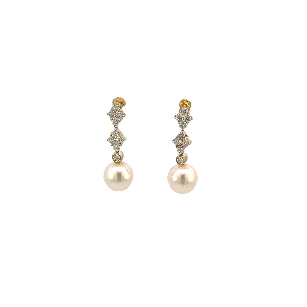 14Kt Yellow Gold 8.5-9mm Cultured Pearl Drop Earrings With (18) Round Diamonds Weighing 0.54cttw