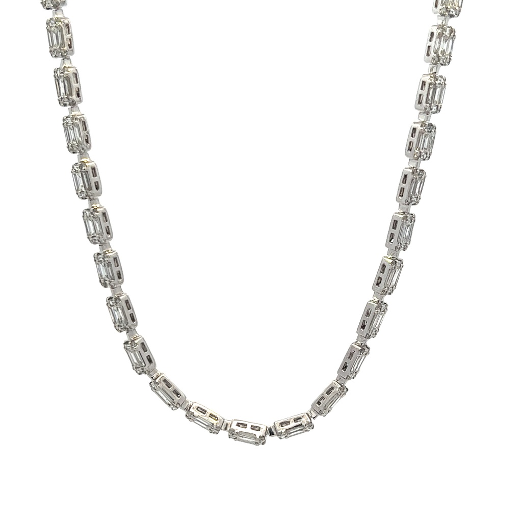 18Kt White Gold Cluster Necklace With (275) Baguette Diamonds Weighing 12.61ct And (220) Round Diamonds Weighing 2.50ct