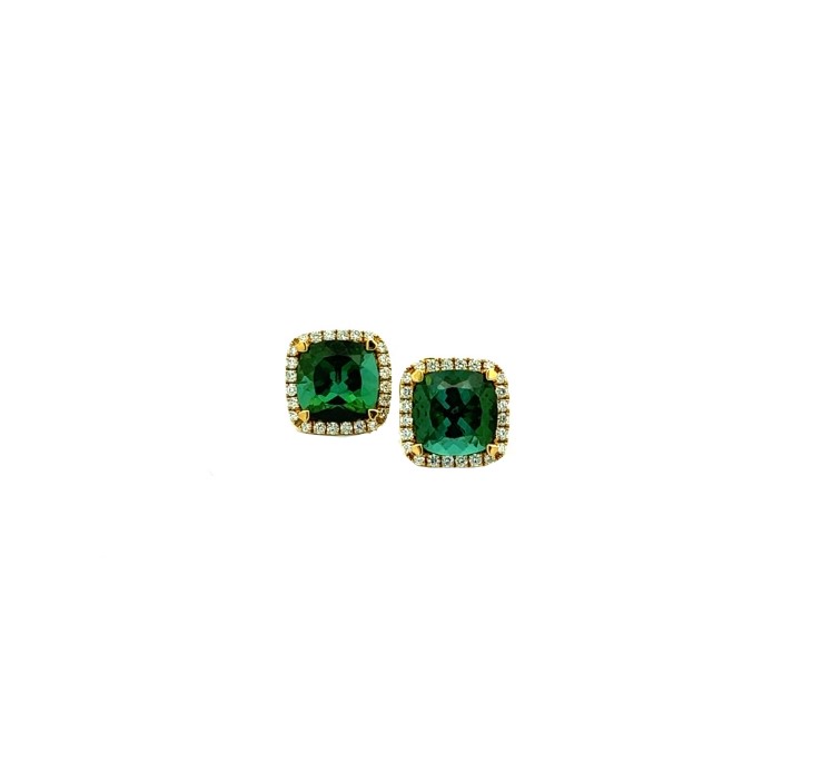 18Kt Yellow Gold Diamond And Green Tourmaline Stud Earrings 0.30cttw