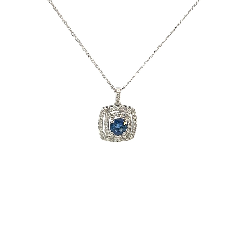 14Kt White Gold Double Halo Pendant Necklace With (1) Round Sapphire Weighing 0.99ct And (52) Round Diamonds Weighing 0.49ct