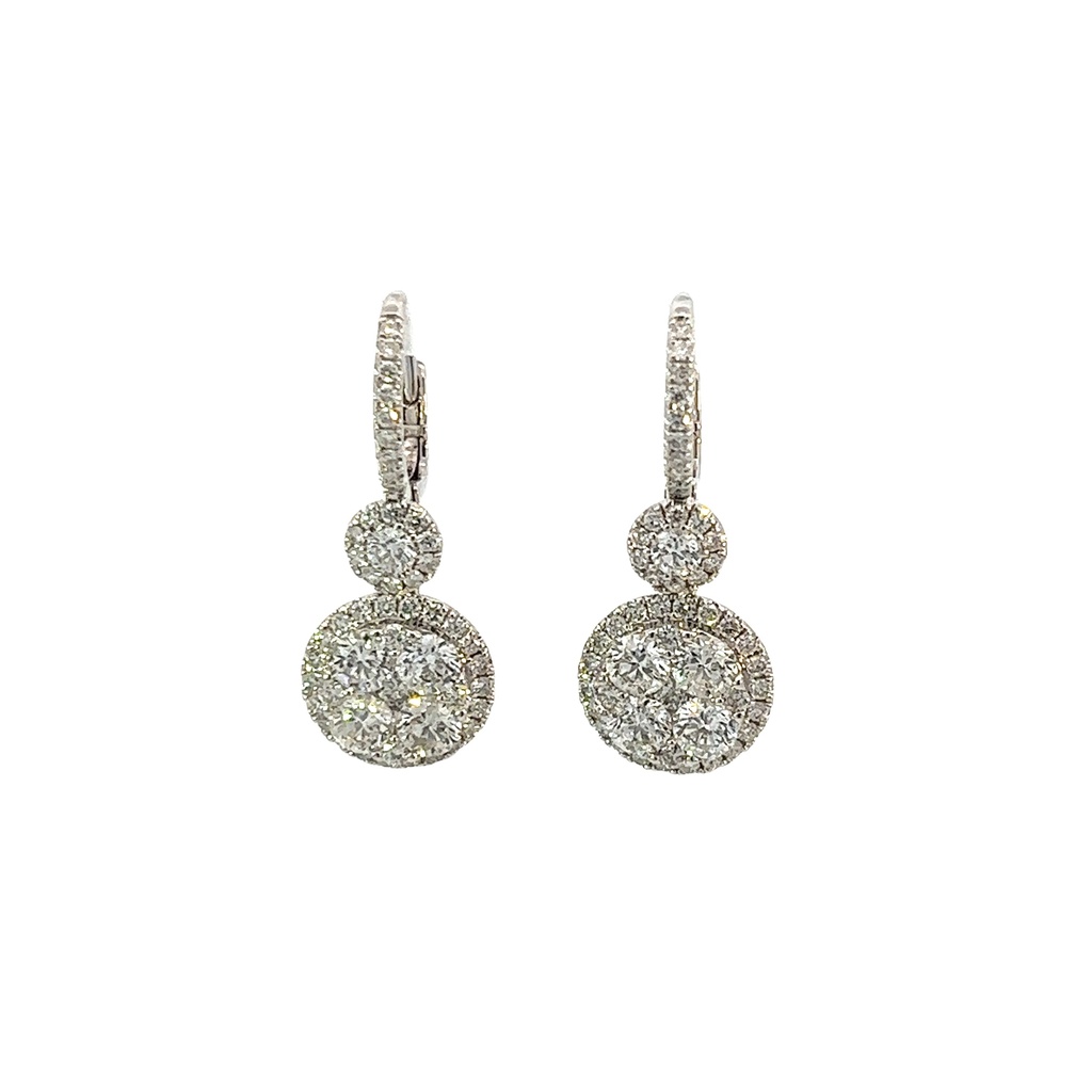14Kt White Gold Halo Style Dangle Earrings With (102) Round Diamonds Weighing 3.21cttw