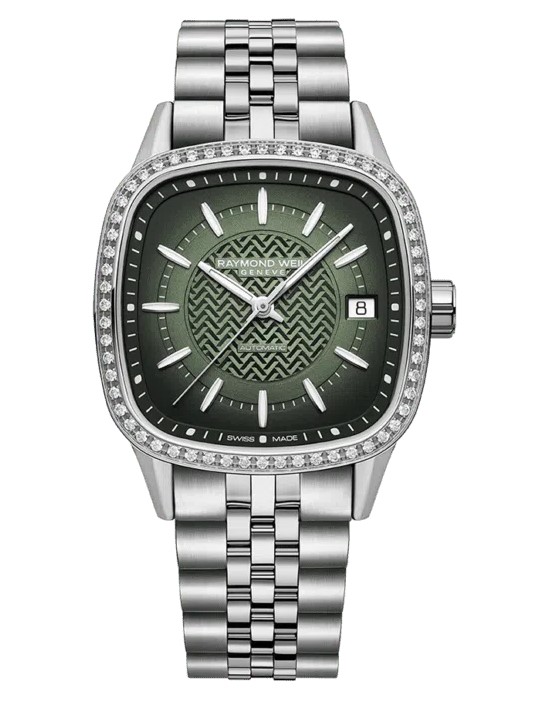 34.5x34.5mm Green Dial Automatic Watch With A Diamond Bezel And Stainless Steel Strap