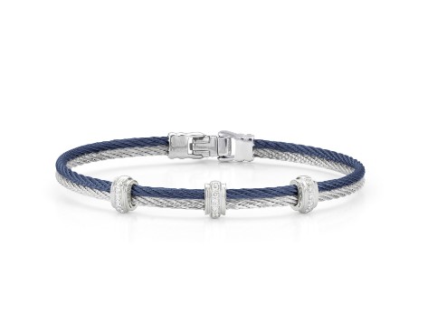 18Kt White Gold Blueberry And Grey Nautical Cable Three Station Bracelet With (15) Round Diamonds Weighing 0.13cttw
