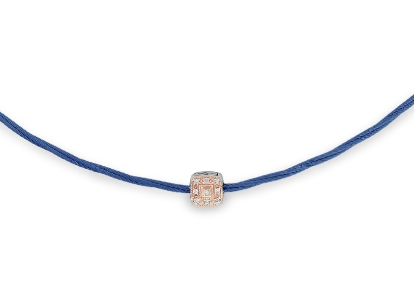 18Kt Rose Gold Blueberry Nautical Cable Square Station Necklace With (9) Round Diamonds Weighing 0.05cttw