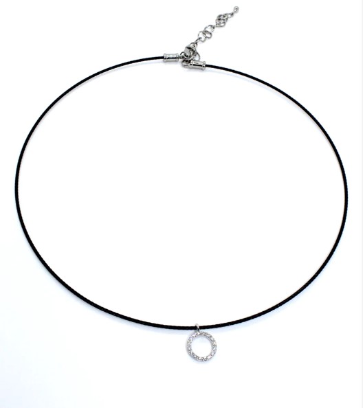 18Kt White Gold Black Cable Circle Station Necklace With (16) Round Diamonds Weighing 0.14cttw