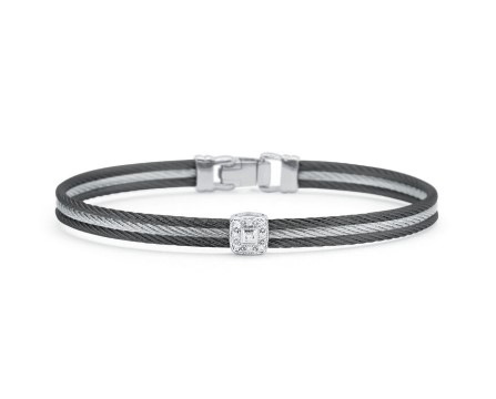 18Kt White Gold Black And Grey Nautical Cable Single Square Station Bracelet With (9) Round Diamonds Weighing 0.05cttw