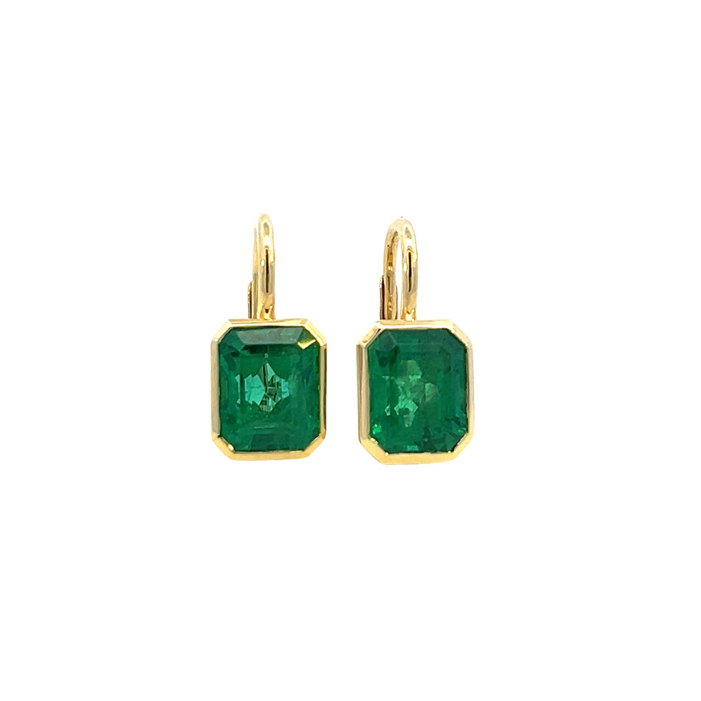 18Kt Yellow Gold Bezel Set Drop Earrings With (2) Emerald Cut Emeralds Weighing 8.12cttw