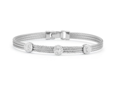 18Kt White Gold Grey Nautical Cable Triple Circle Station Bracelet With (27) Round Diamonds Weighing 0.14cttw