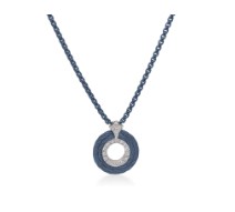 14Kt White Gold Blueberry Nautical Cable Three Row Circle Pendant Necklace With (18) Round Diamonds Weighing 0.15cttw