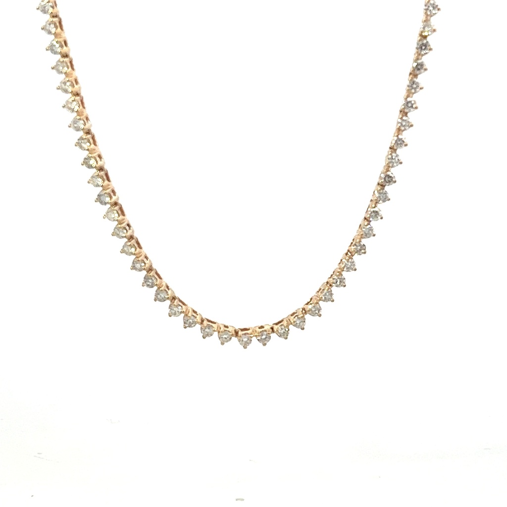 14Kt Yellow Gold Three Prong Tennis Necklace With (146) Round Diamonds Weighing 6.37cttw
