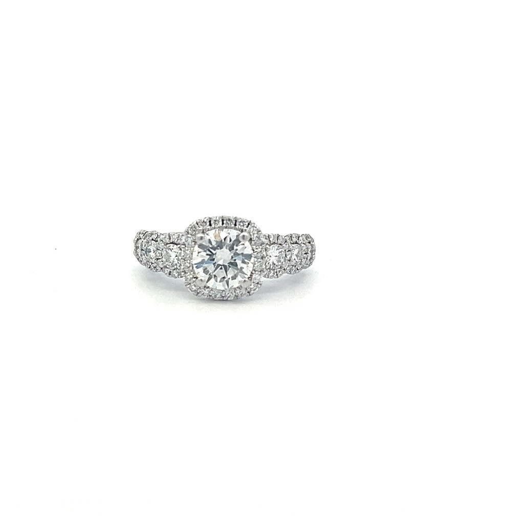 14Kt White Gold Halo Style Ring With A Center Round Weighing 1.03ct And (74) Round Diamonds Weighing 0.62ct