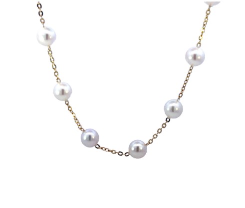 [TCY165] 14Kt Yellow Gold Tin Cup Necklace With (19) 7x6.5mm Cultured Pearls 16.5"