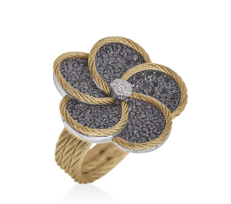 18Kt White Gold Yellow Nautical Cable Flower ring With Black Diamonds Weighing 1.23cttw