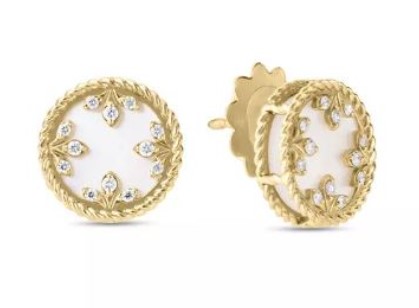 18Kt Yellow Gold Mother Of Pearl Venetian Medallion Earrings With (24) Round Diamonds Weighing 0.10ct