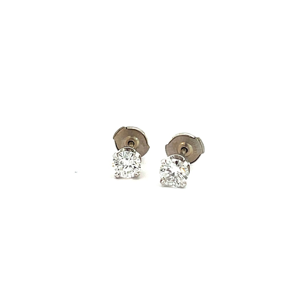 [S09465] Round Brilliant Cut Diamond Studs 0.91cttw H/SI2 14Kt White Gold Basket Set Protector Backs