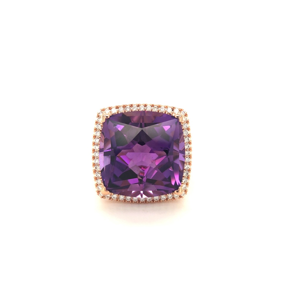 18Kt Rose Gold Halo Style Ring With A Cushion Cut Amethyst And (32) Round Diamonds Weighing 0.26cttw