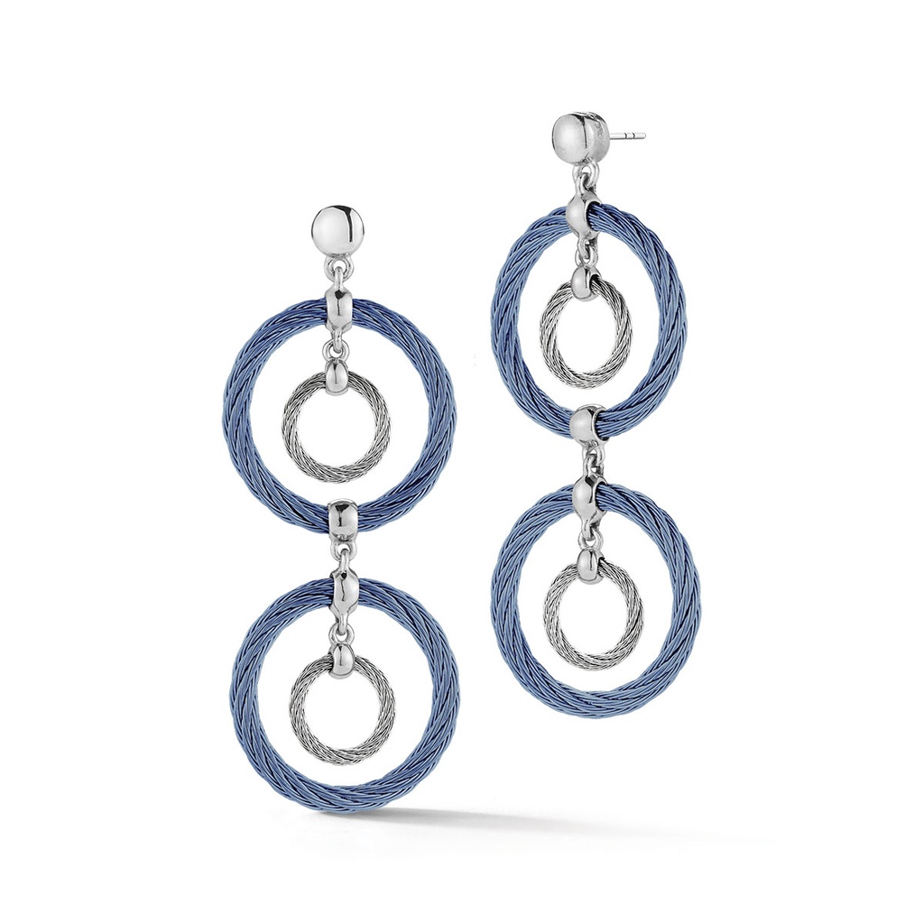 18Kt White Gold Island Blue And Grey Nautical Cable Double Drop Earrings