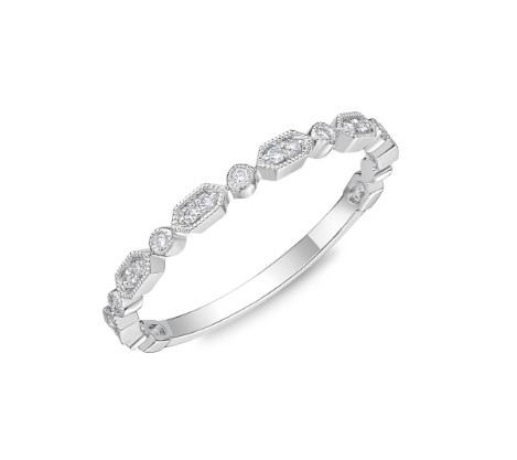 18Kt White Gold Vintage Stackable Band With (17) Round Diamonds Weighing 0.07cttw