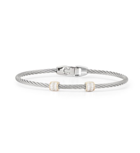 18Kt Yellow Gold Grey Nautical Cable Two Barrel Station Bracelet With (16) Round Diamonds Weighing 0.13cttw