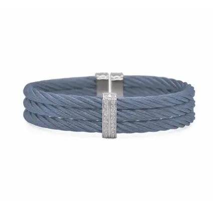 18Kt White Gold Island Blue Nautical Cable Three Row Cuff With (22) Round Diamonds Weighing 0.18cttw