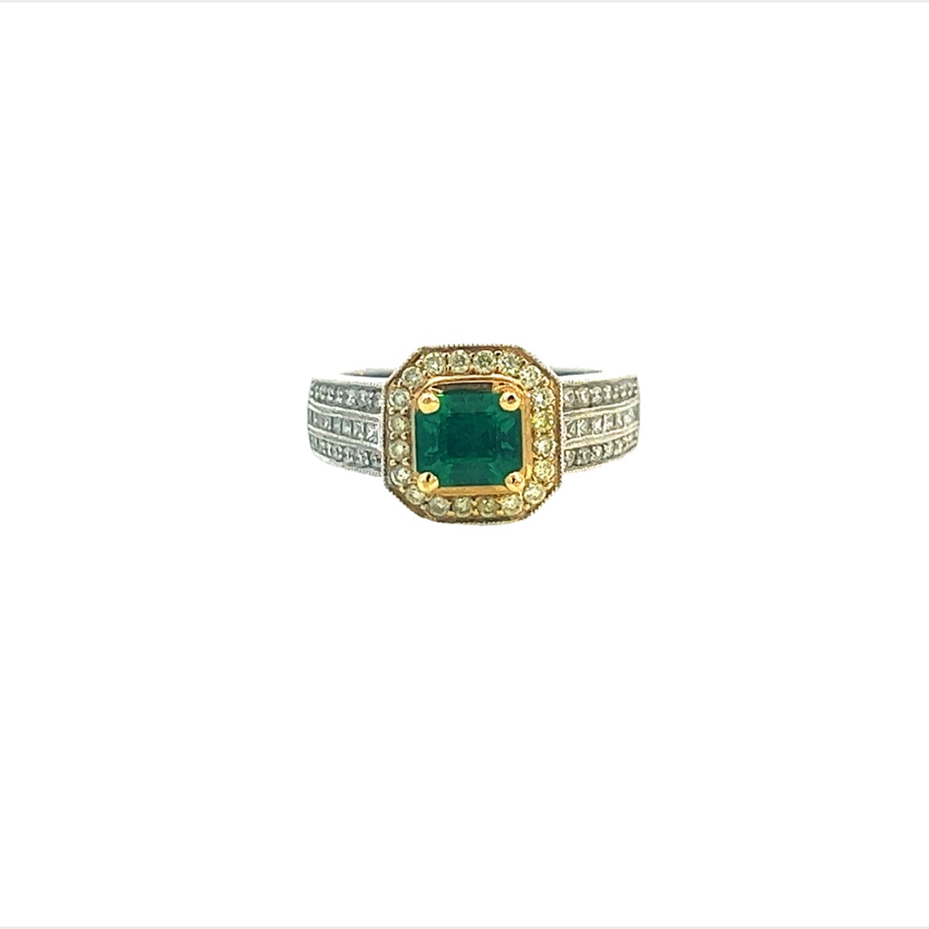 18Kt Two Toned Ring With An Emerald Weighing 1.08ct 48 Round Diamonds And 16 Princess Cut Diamonds Weighing 0.63ct