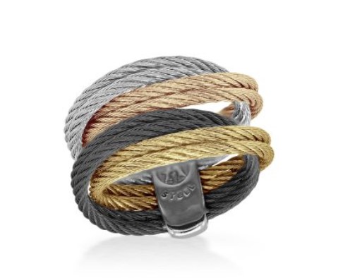 Stainless Steel Black, Yellow, Grey, And Rose Entwine Ring Sz7