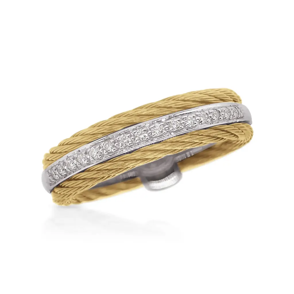 18Kt White Gold Yellow Nautical Cable Ring With (15) Round Diamonds Weighing 0.12cttw