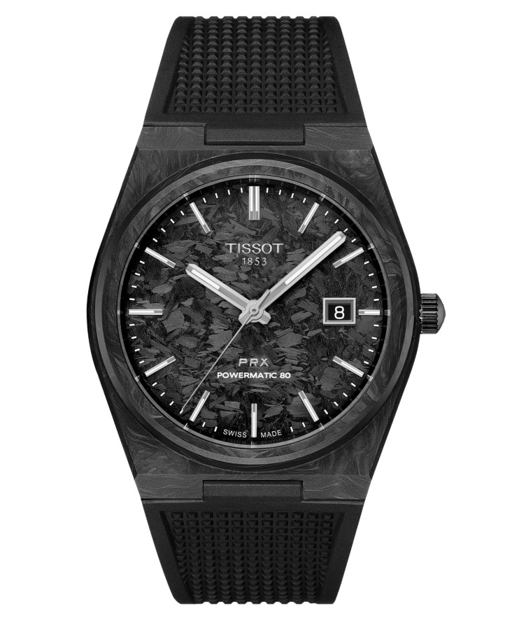 40mm PRX Powermatic 80 Automatic Carbon Dial Watch With A Black Rubber Strap