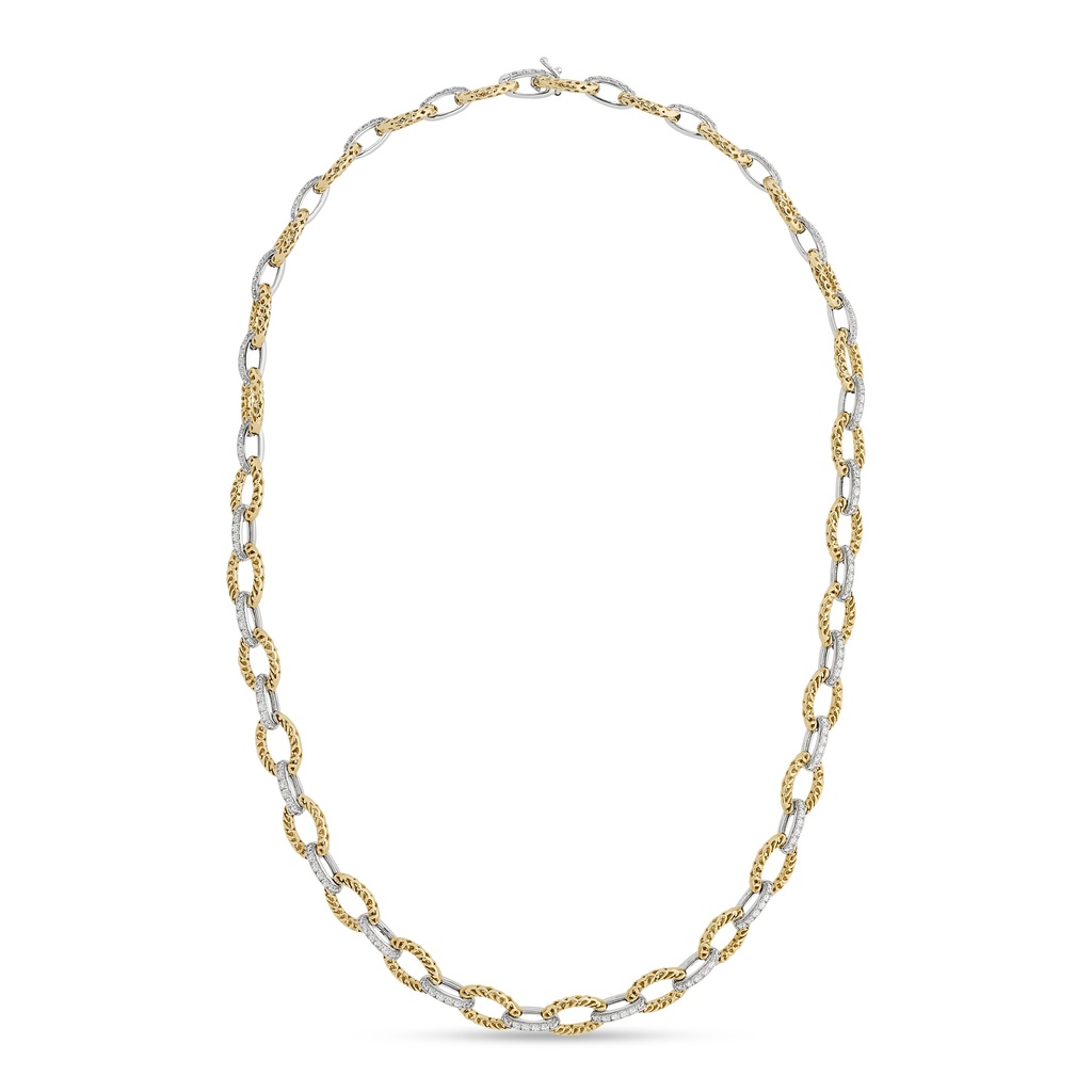14Kt Two Toned Oval Link Necklace With (172) Round Diamonds Weighing 2.40cttw